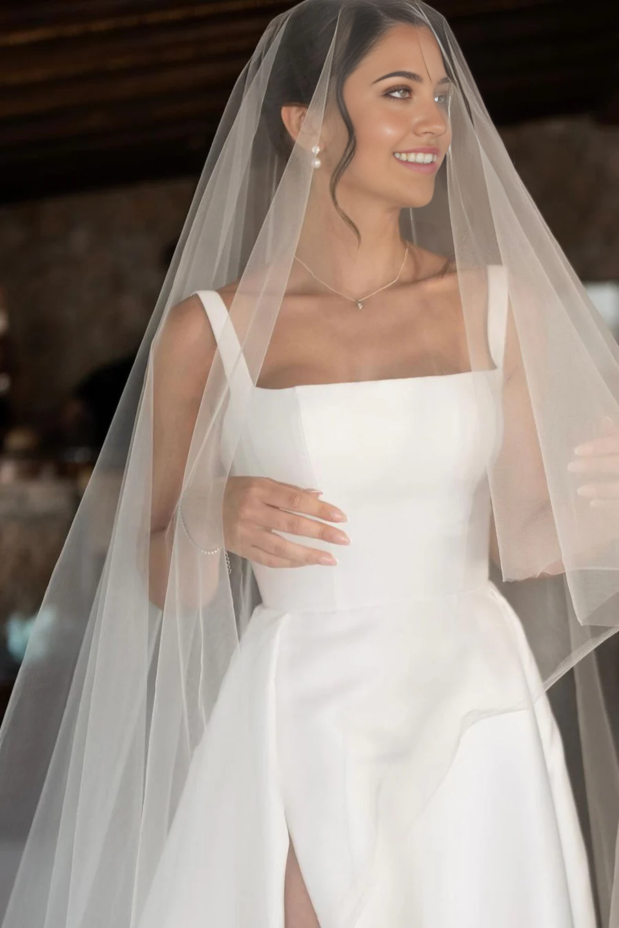 A Line Square Neck Satin formal dress evening gown Long Prom Dresses Wedding Dresses with Slit