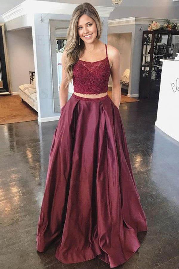 Two Piece A-Line Lace Top Spaghetti Straps Satin Burgundy formal dresses evening gown Prom Dress