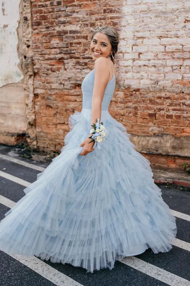 A-Line V Neck Sky Blue Beautiful Tulle Long Prom Dresses