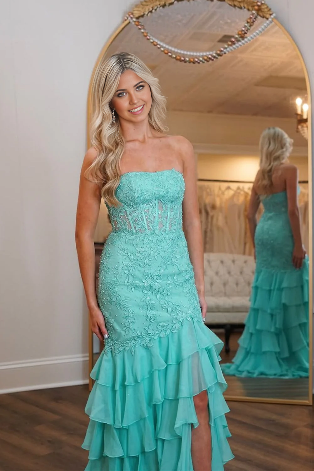 Mermaid Strapless Lace Top Mint Green Long Tiered formal dresses evening dress Prom Dress