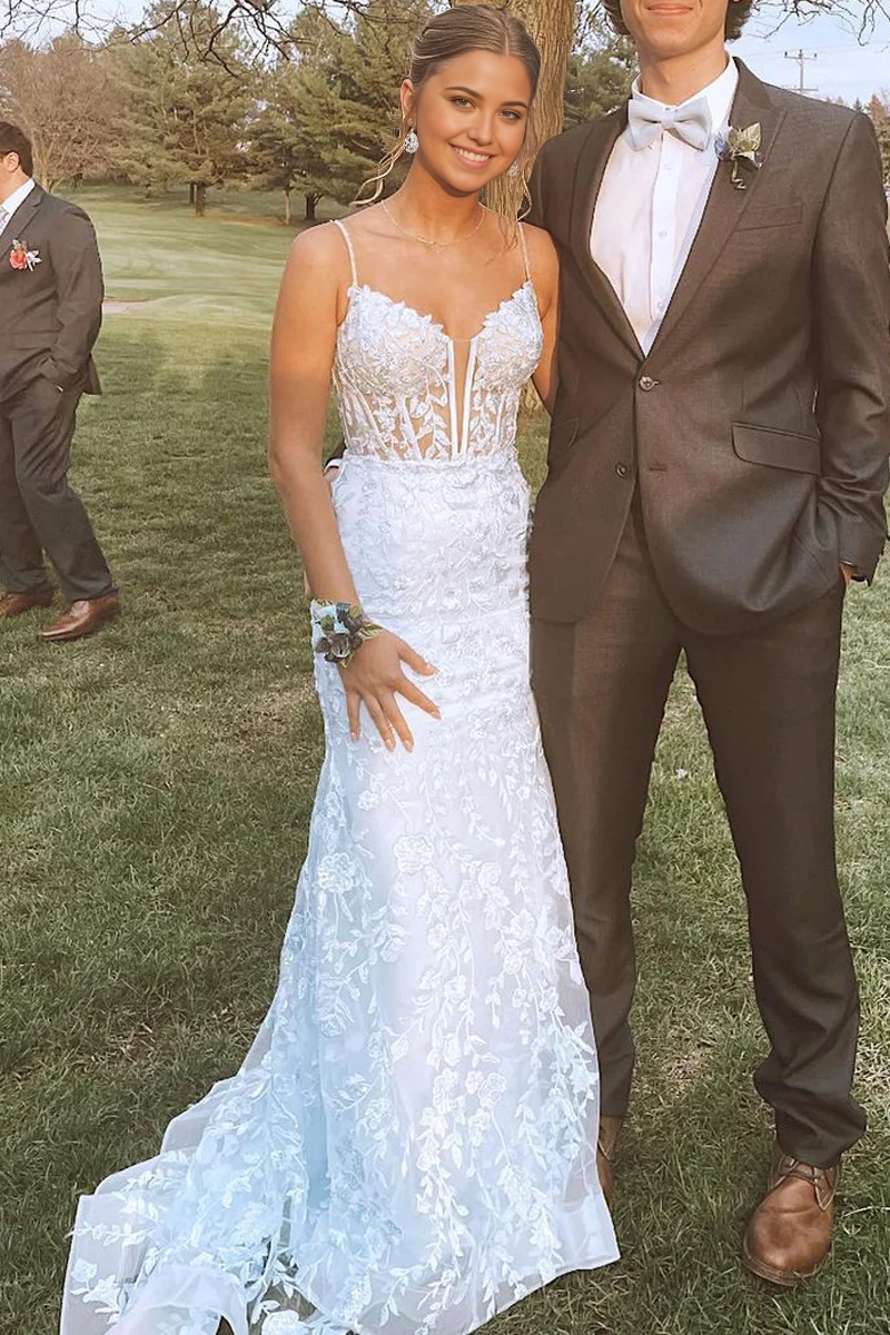 Mermaid Gorgeous Spaghetti Straps White Lace Long Prom Dresses