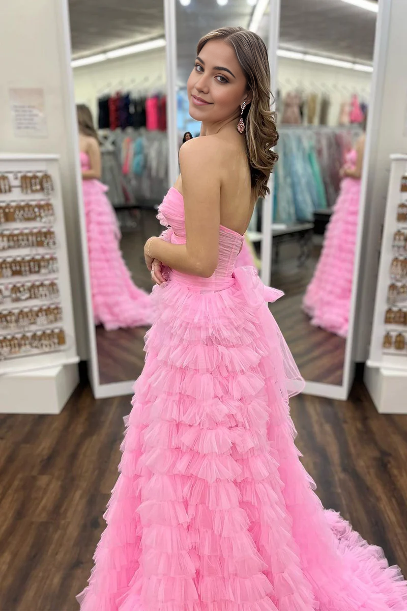 A-Line Princess Strapless Pink Ruffle Tiered Tulle Long Prom Dresses