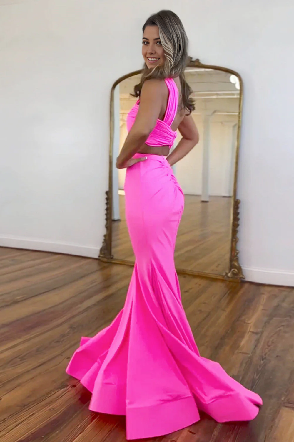 Mermaid One Shoulder Cutout Waist Hot Pink Satin evening gown Long Prom Dress