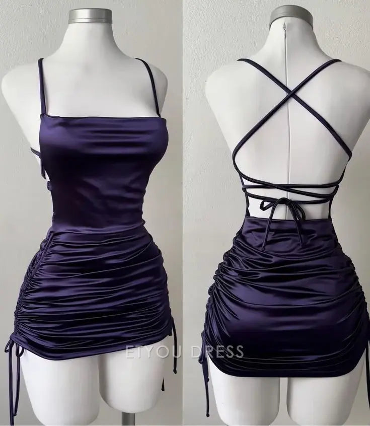 Sheath Straps Backless Purple Short formal dresses Bridesmaid Dresses evening gown Prom Dress