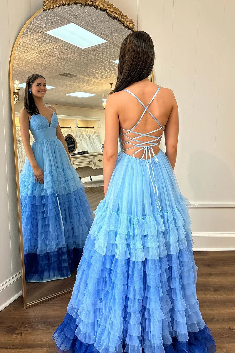 A-Line V Neck Ruffle Tulle Long Prom Dress with Slit