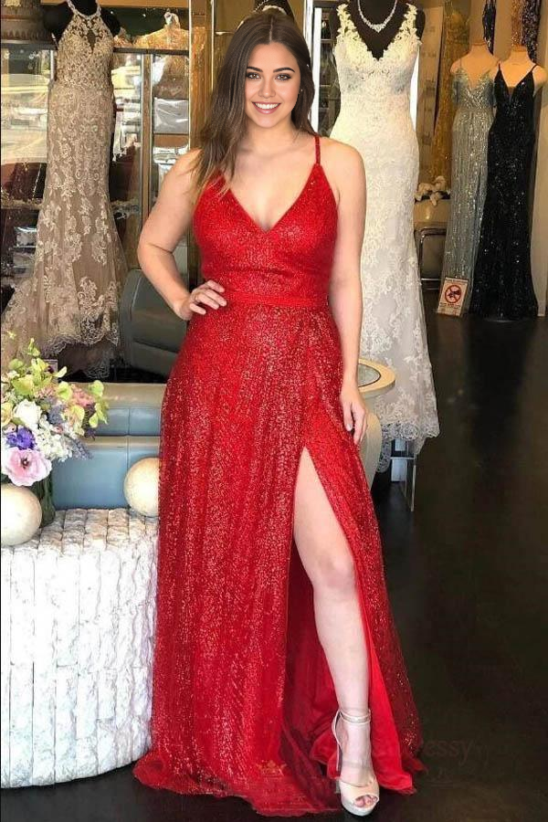 A-Line Sparkly V Neck Red Long Formal evening gown Prom Dress with Split