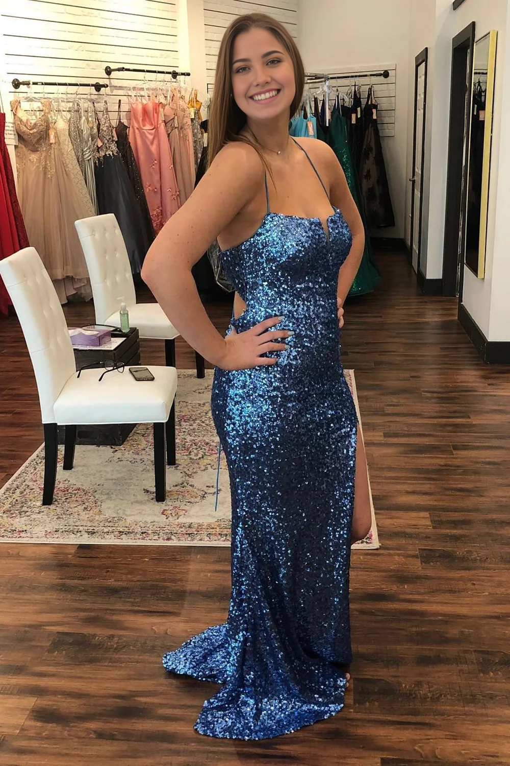Spaghetti Straps Criss-Cross Back Sequined Navy formal dresses evening gown Prom Dress