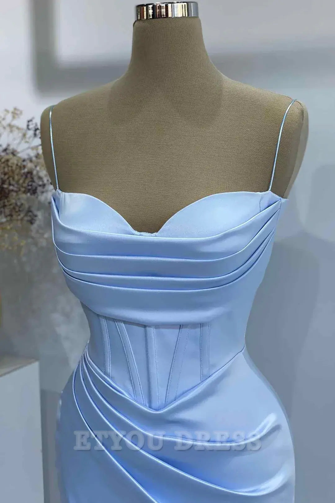 Sheath Spaghetti Straps Satin Pleated Light Blue Long formal dresses Bridesmaid Dresses evening gown Prom Dress with Slit