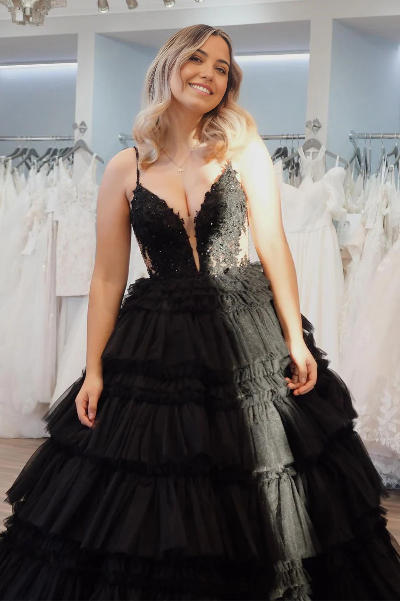 A-line Princess V Neck Black Tiered Tulle Long Prom Dresses