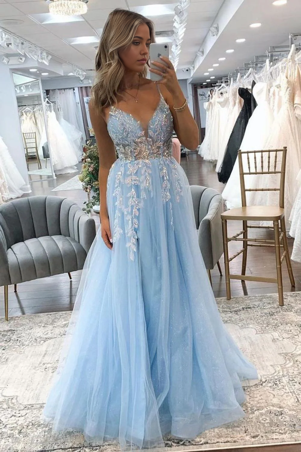 A-Line Spaghetti Straps Stunning Light Blue Long Tulle Prom Dress With Appliques