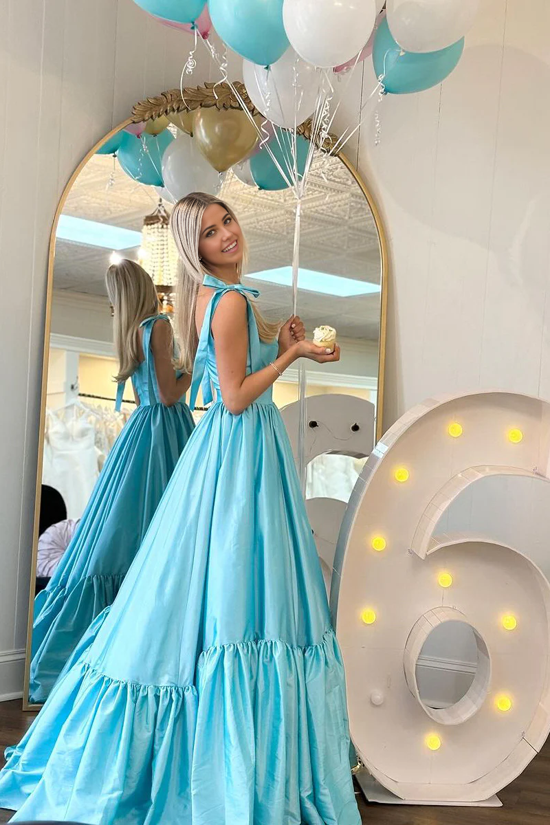 A-Line Sweetheart Satin Ruffle Light Blue Long Prom Dress