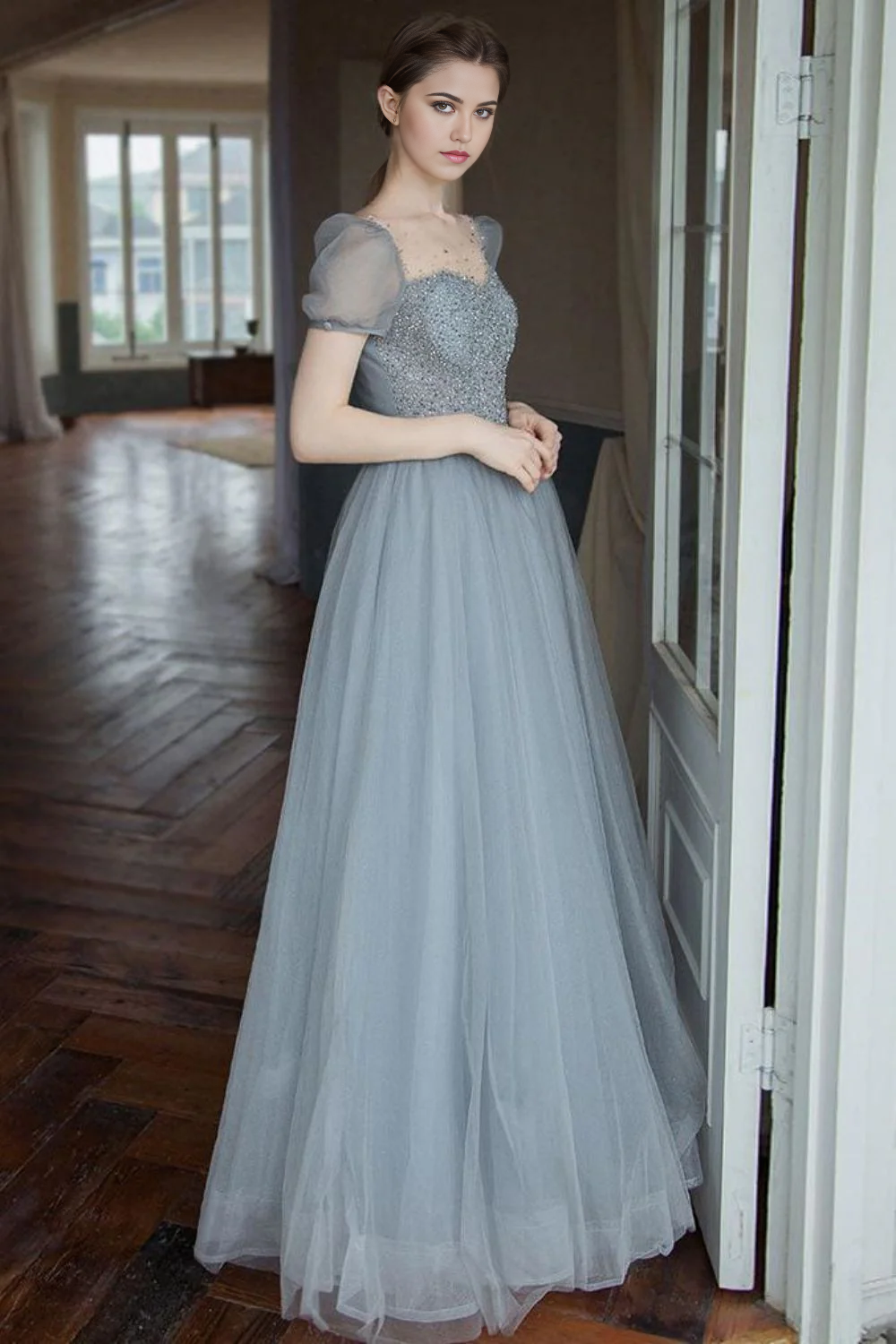 A Line Square Neck Grey Long evening gowns Prom Dress with Beading