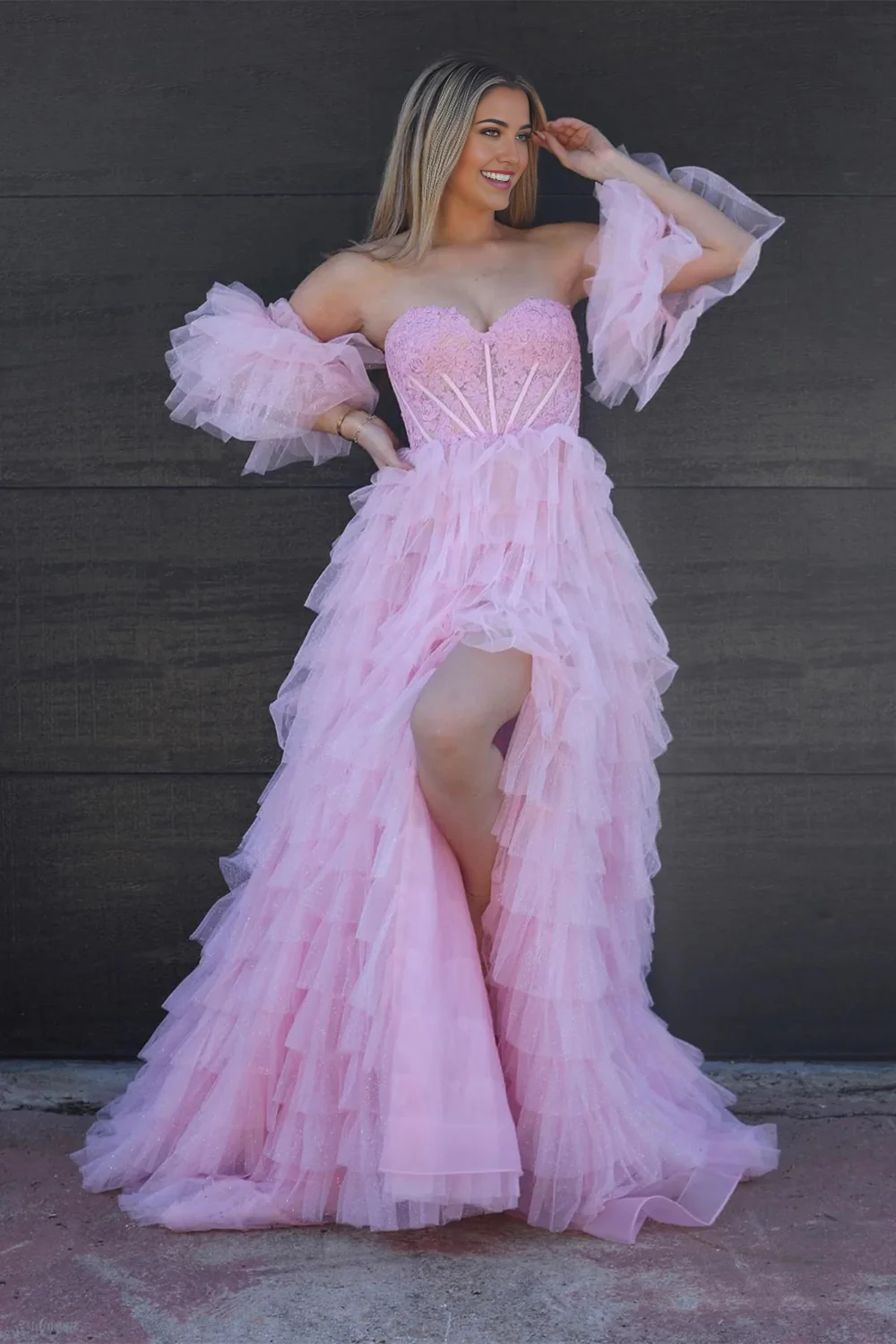 A Line Sweetheart Princess Pink Corset Prom Dress with Ruffles Split Front