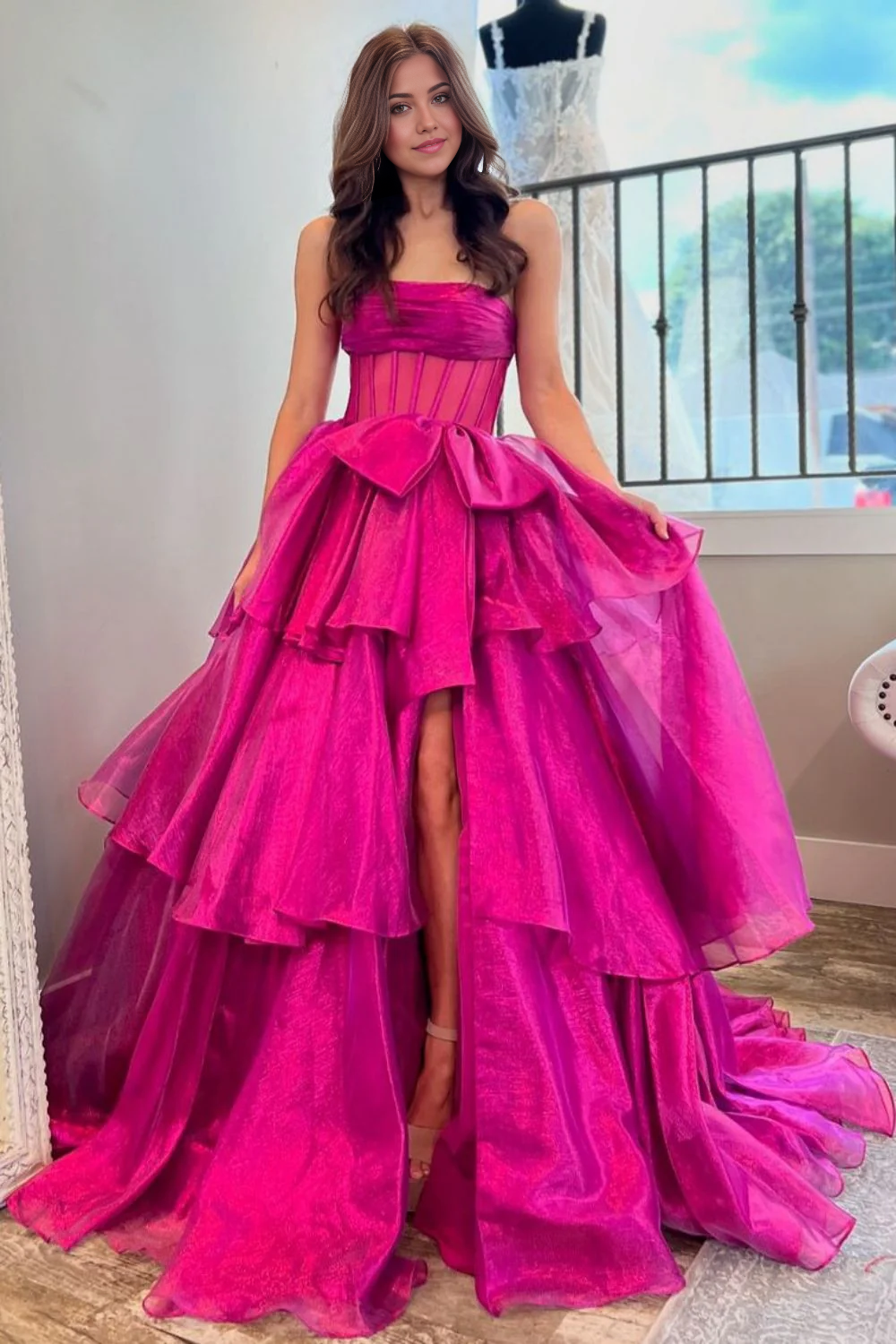 A-Line Strapless Long Organza Bowknot Lovely Fuchsia formal dresses evening dress Prom Dress with Slit