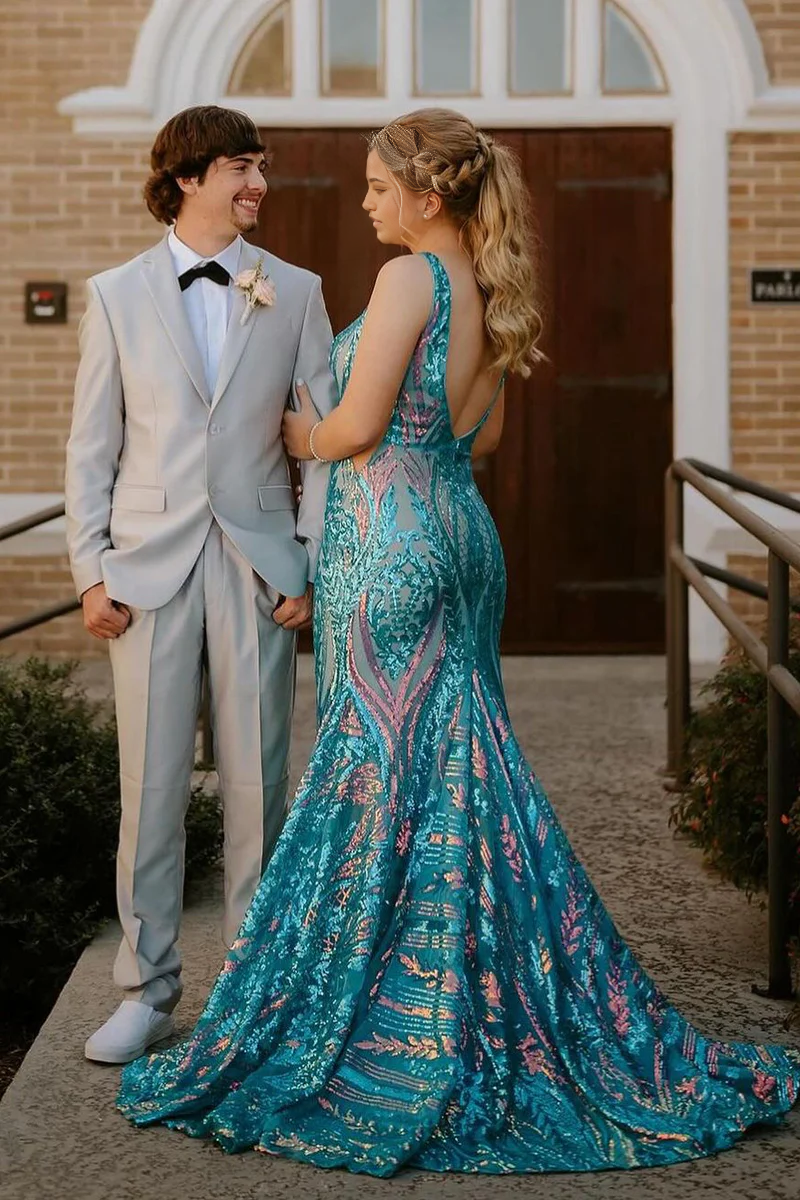 Mermaid V Neck Sequin Blue Long Prom Dress