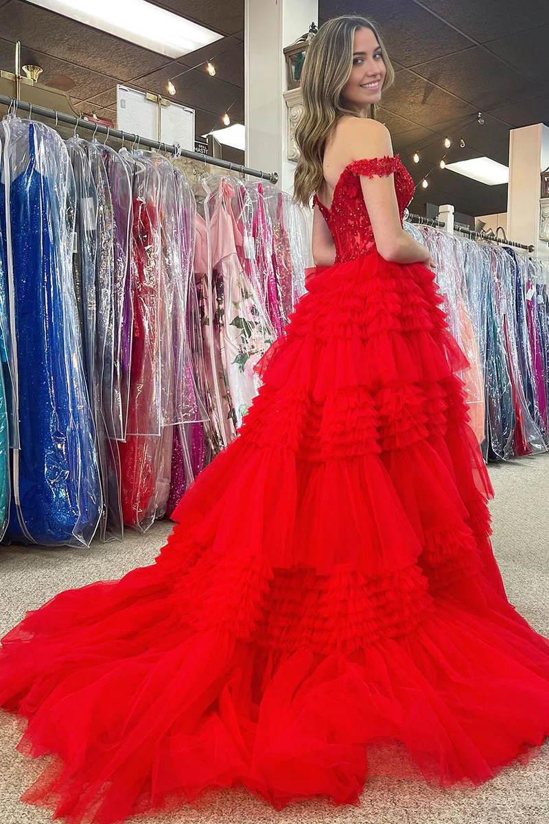 A-line Cute Off the Shoulder Red Tulle Ball Gown Prom Dresses with Appliques
