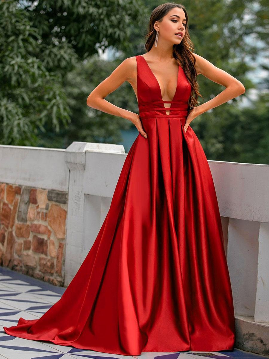 A-Line V-Neck Backless Satin formal dress evening gown Wedding Guest Dresses Prom Dress