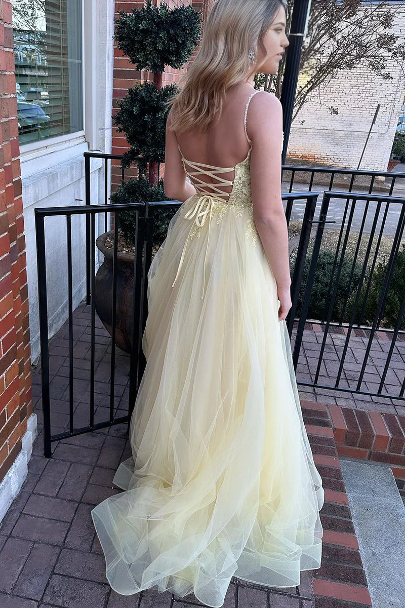 A Line Cute V Neck Daffodil Tulle Prom Dress with Appliques