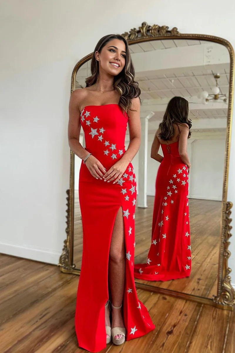 Mermaid Strapless Charming Red Satin Long Prom Dresses with Slit