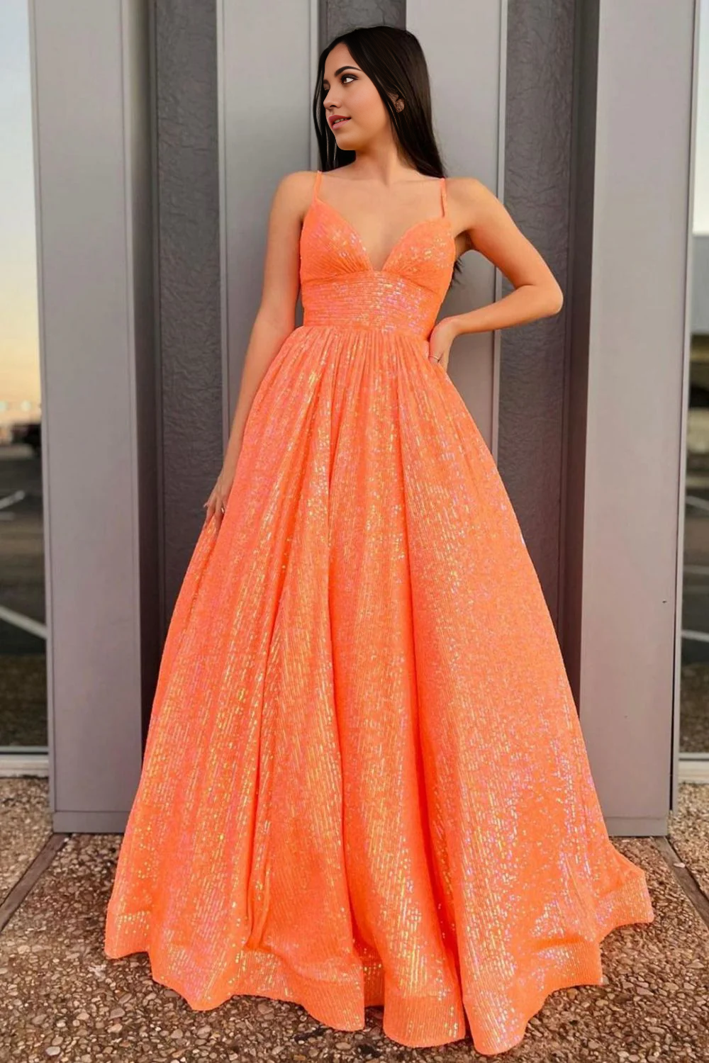 A Line Beautiful Spaghetti Straps Sequins Orange evening gowns Long Prom Dress