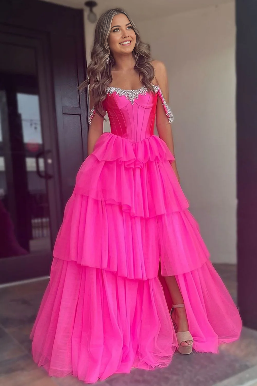 A-Line Off The Shoulder Beading Long Tulle Hot Pink formal dresses evening dress Prom Dress with Slit