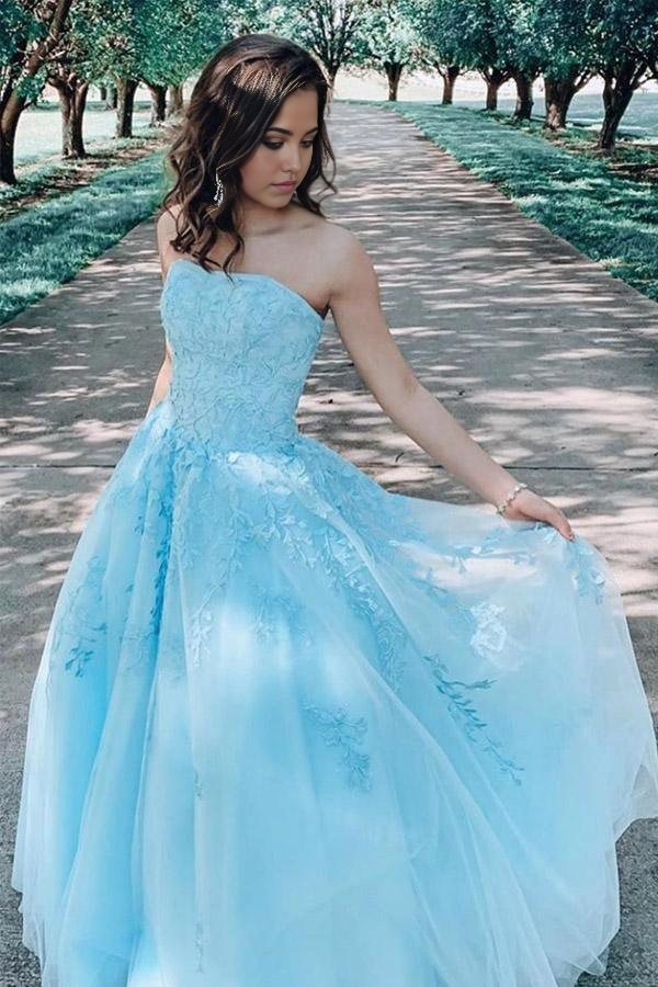 A-line Lace Appliques Blue Long Evening Dress Prom Dress