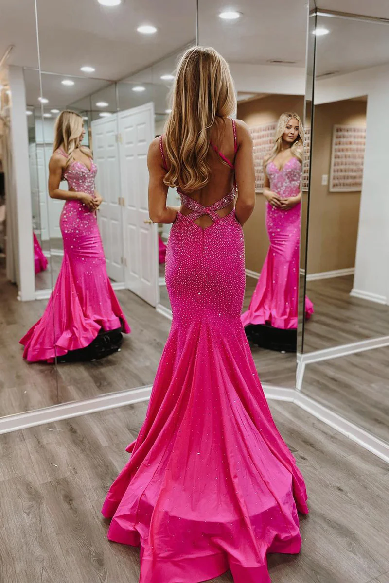Mermaid V Neck Fuchsia Satin Long Prom Dress with Beading
