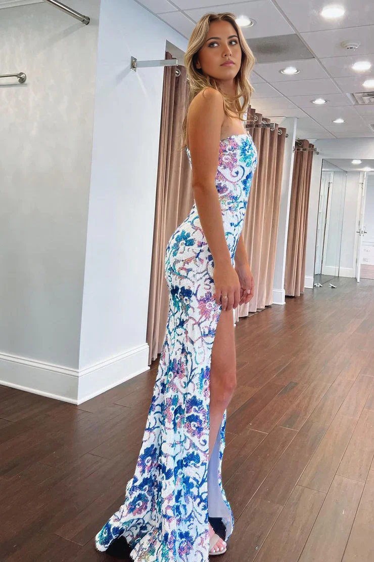 Mermaid Cute One Shoulder Green White Sequins Slit Prom Dresses