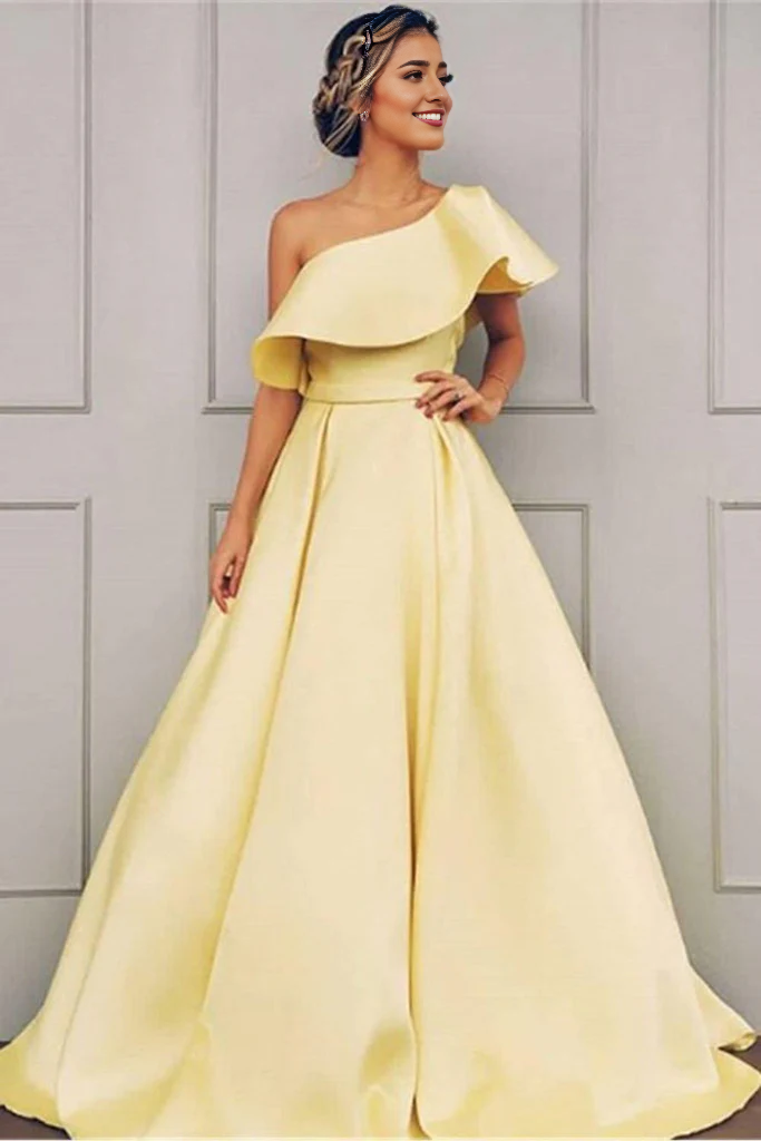 A-Line One-Shoulder Long Satin evening gown Prom Dress Party Dress with Ruffles