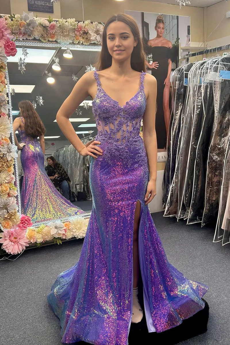 Mermaid V Neck Sequins Purple Long Prom Dress with Appliques