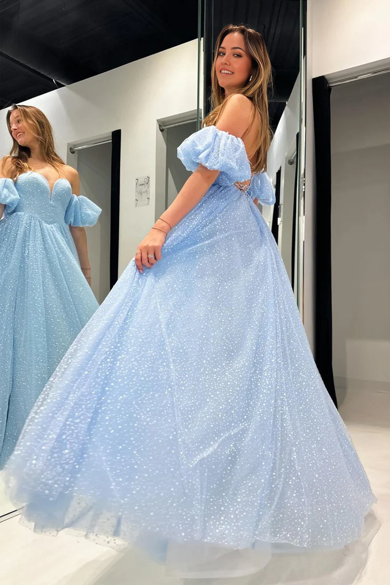 A Line Sweetheart Blue Corset Prom Dress with Slit