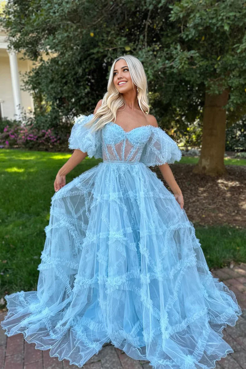 A Line Off the Shoulder Charming Blue Tulle Prom Dresses