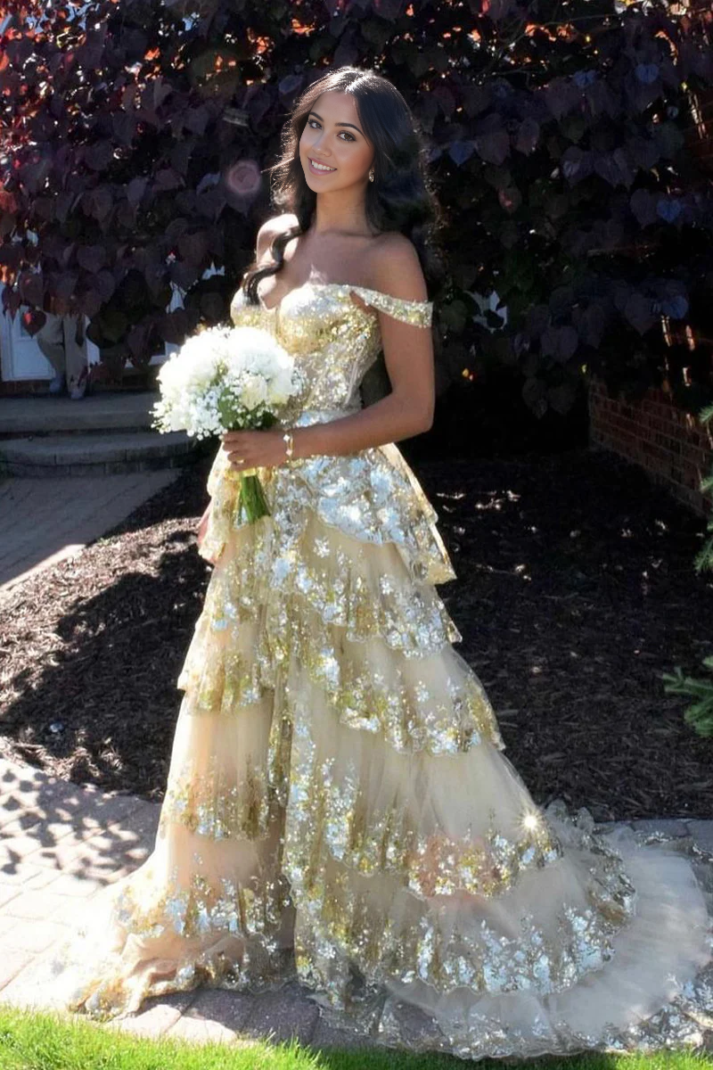 Sparkly Sweetheart Ball Gown Gold Sequins formal dresses evening gown Long Prom Dresses