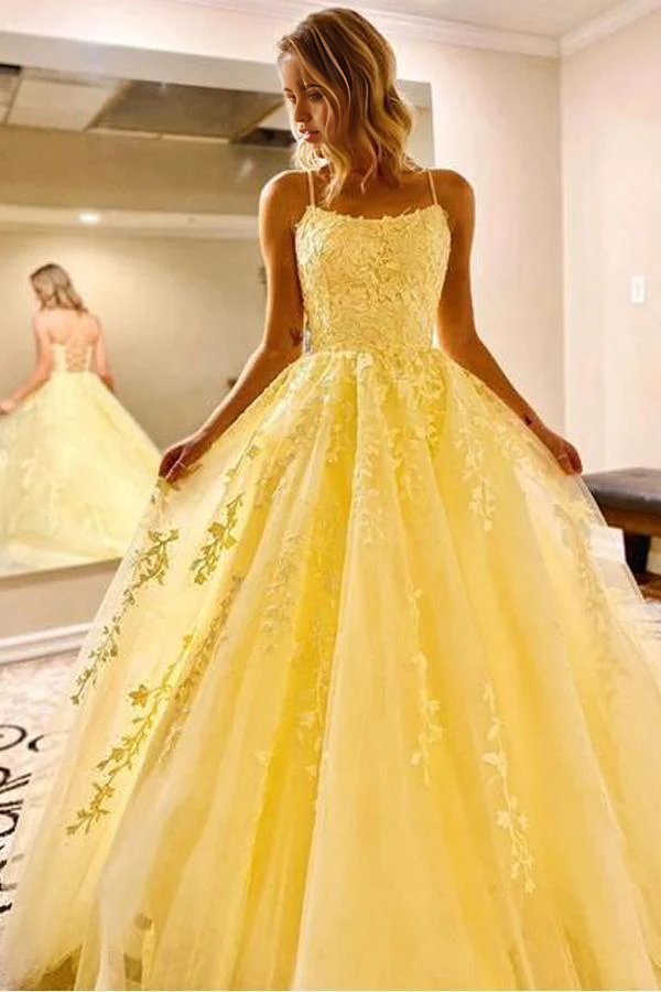 A-line Princess Yellow Long Formal Dress Prom Dress with Appliques