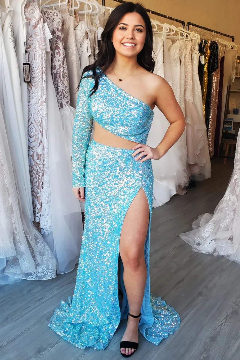 Mermaid One Shoulder Charming Sleeves Blue Sequins Prom Dresses