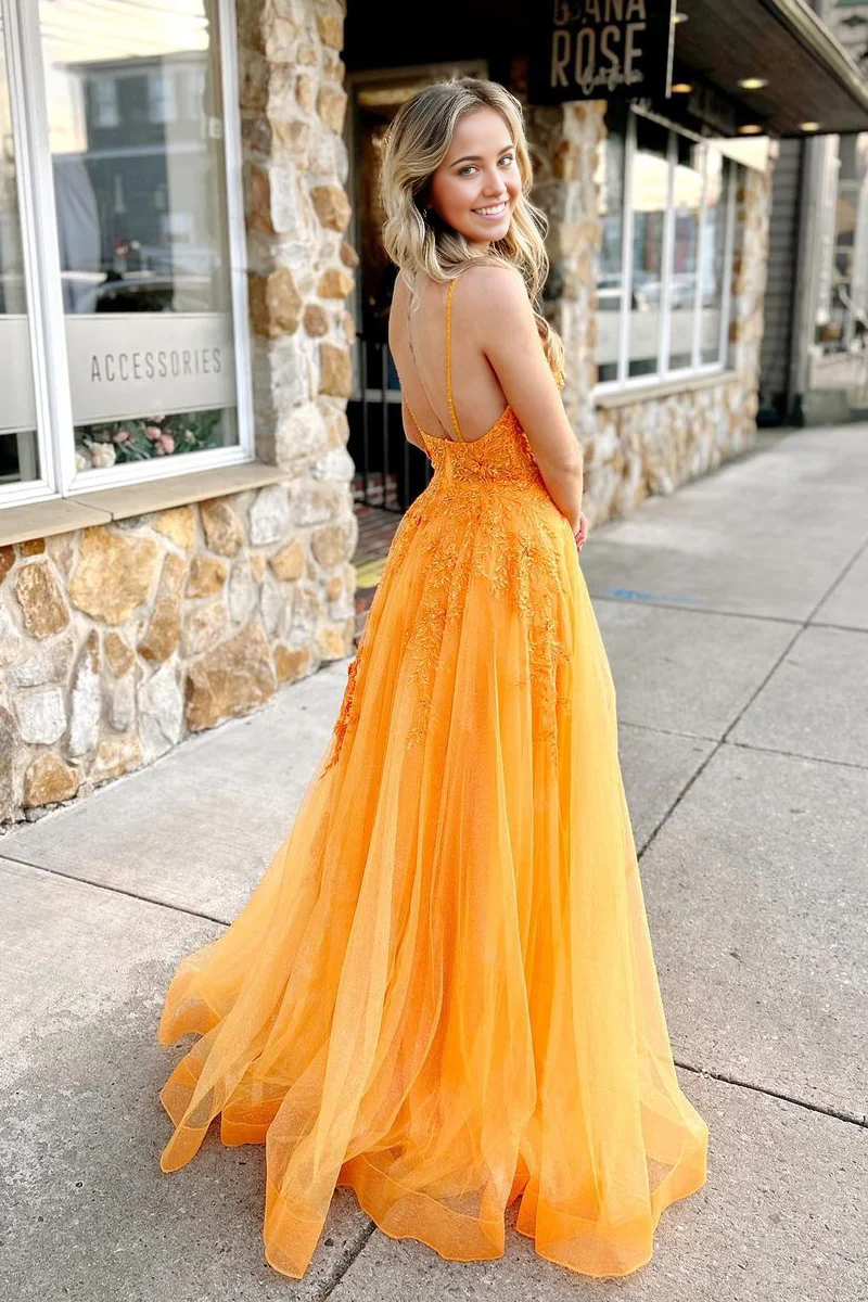 A Line V Neck Orange Tulle Prom Dress with Appliques