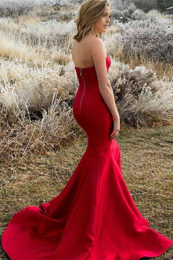 Mermaid Strapless Sweep Train Red Satin Sleeveless Split Pleats evening gown Prom Dress