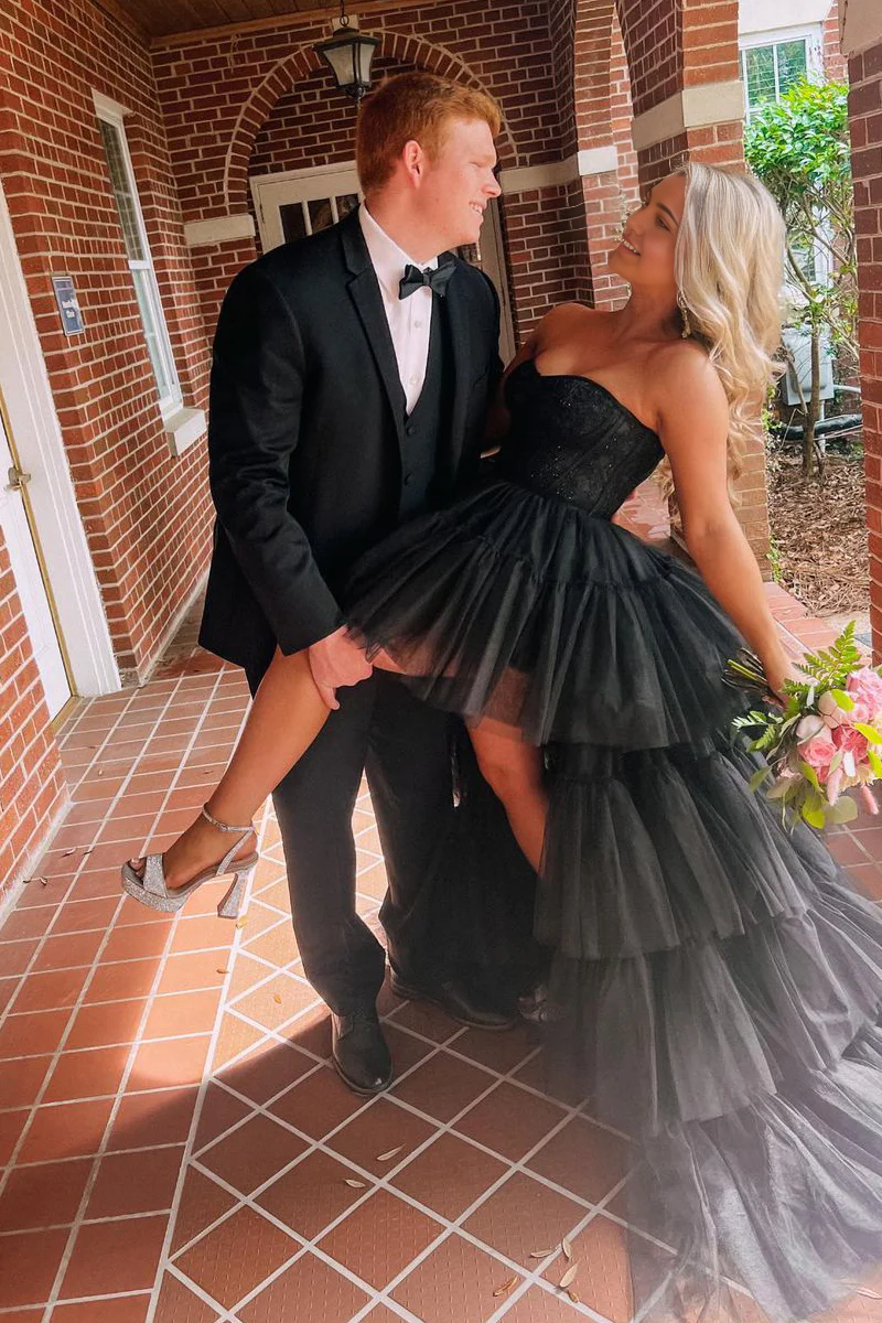 A-line Cute Hight-Low Sweetheart Black Tulle Long Prom Dresses with Lace
