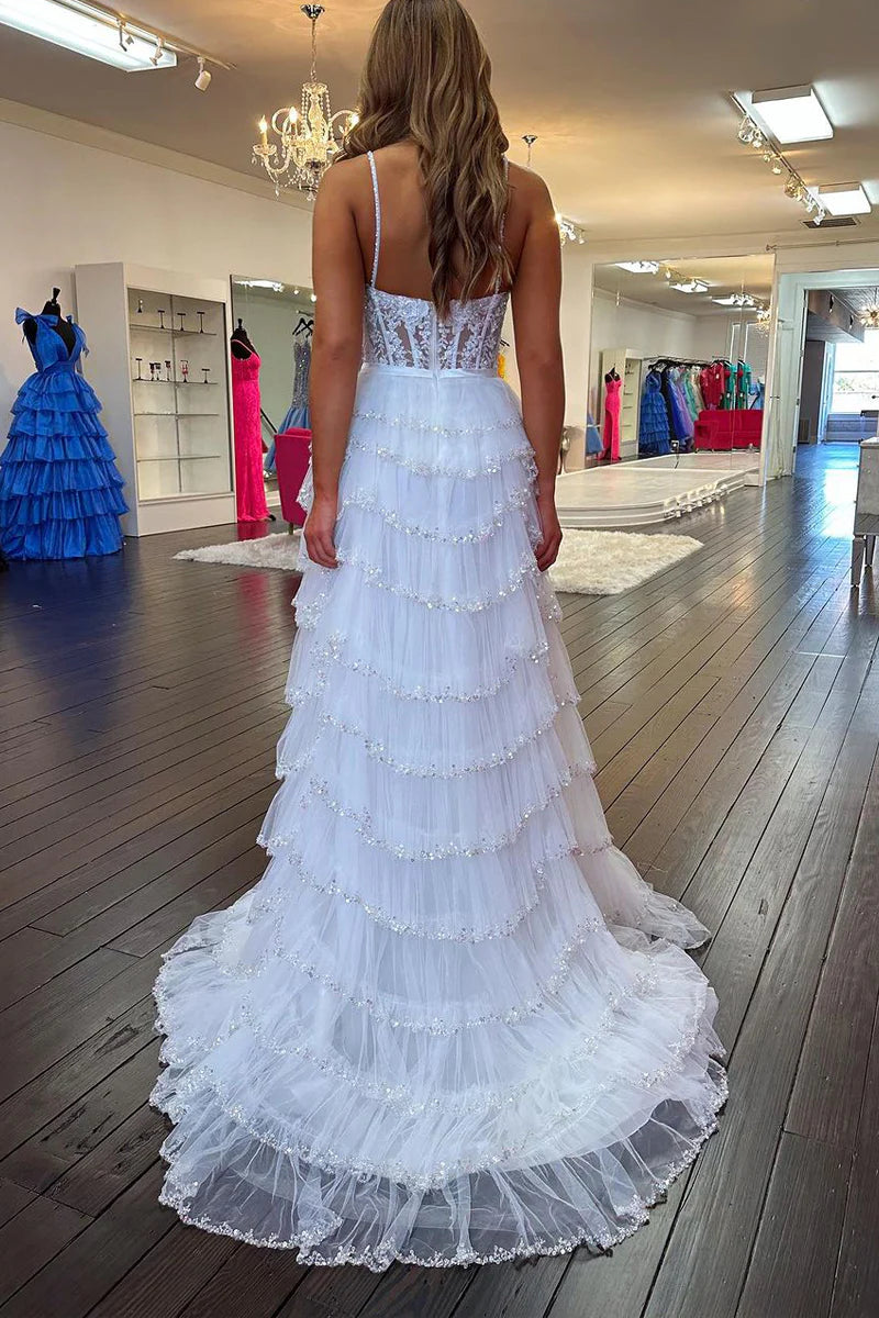 A Line Sweetheart Charming White Tulle Long Prom Dresses with Beading