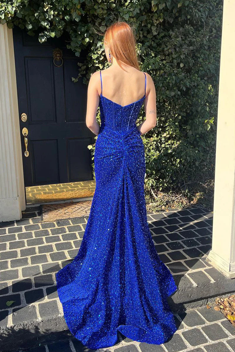 Mermaid Straps Cute Royal Blue Sequins Prom Dresses