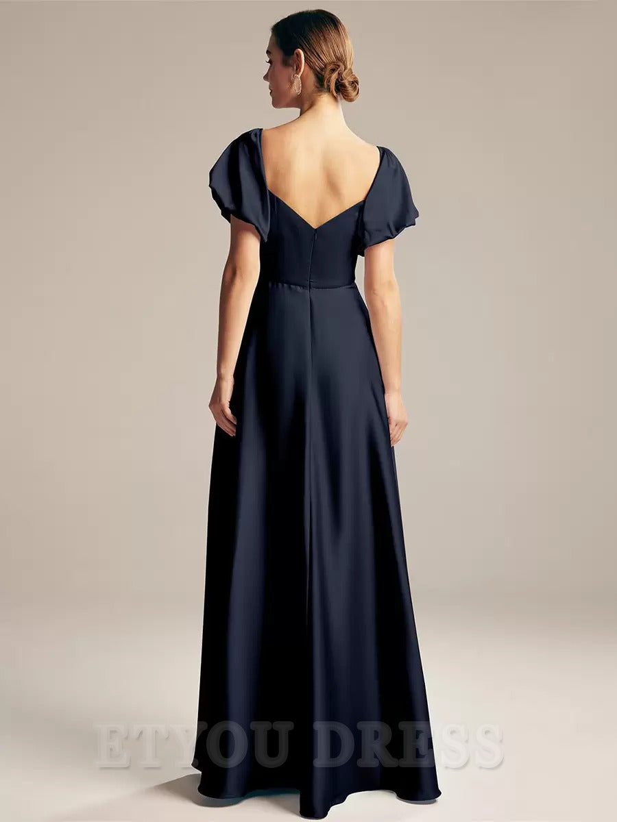 A-Line Short Sleeve Floor-Length Zipper Satin formal dresses evening gown Prom Dress