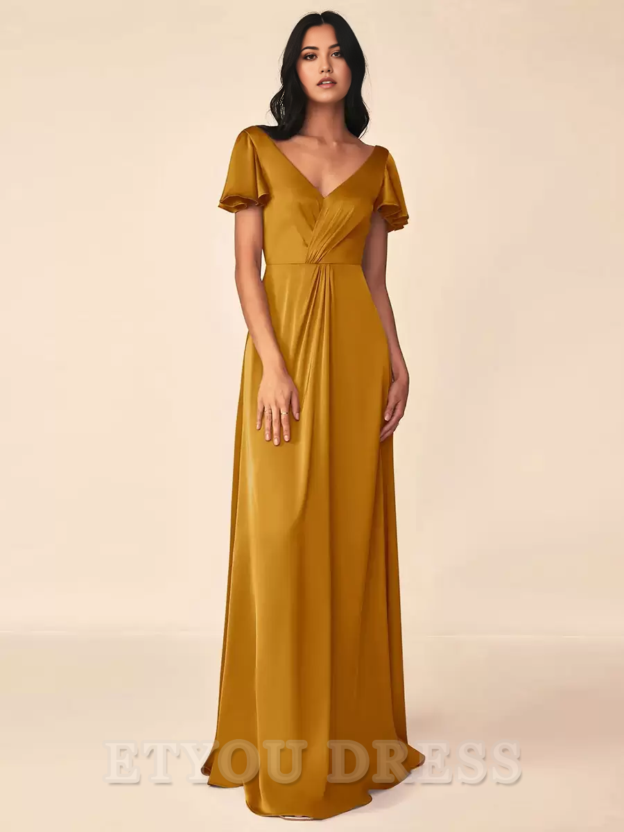 A-line V-Neck Floor-Length Zipper Satin Formal Gowns formal dresses Bridesmaid Dresses evening gown Prom Dress