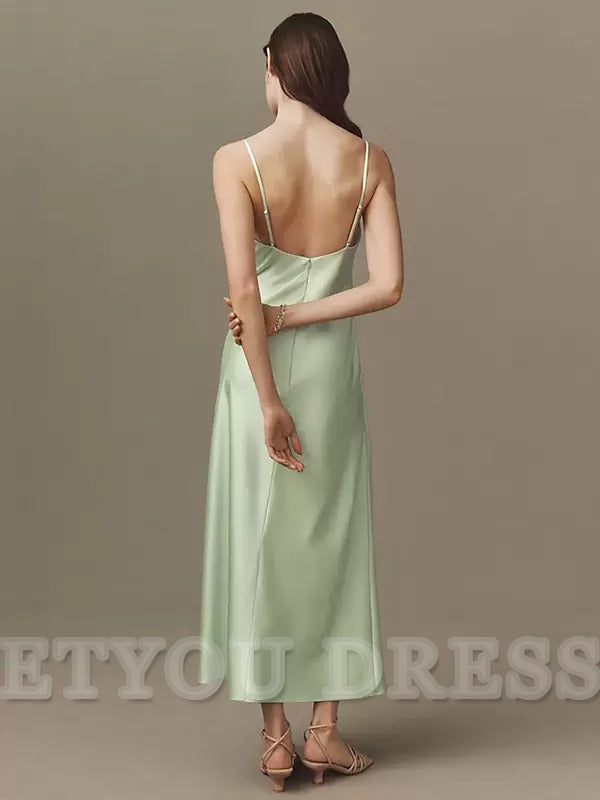 Sheath Spaghetti Straps Tea-Length Satin formal dresses Bridesmaid Dresses evening gown Prom Dress