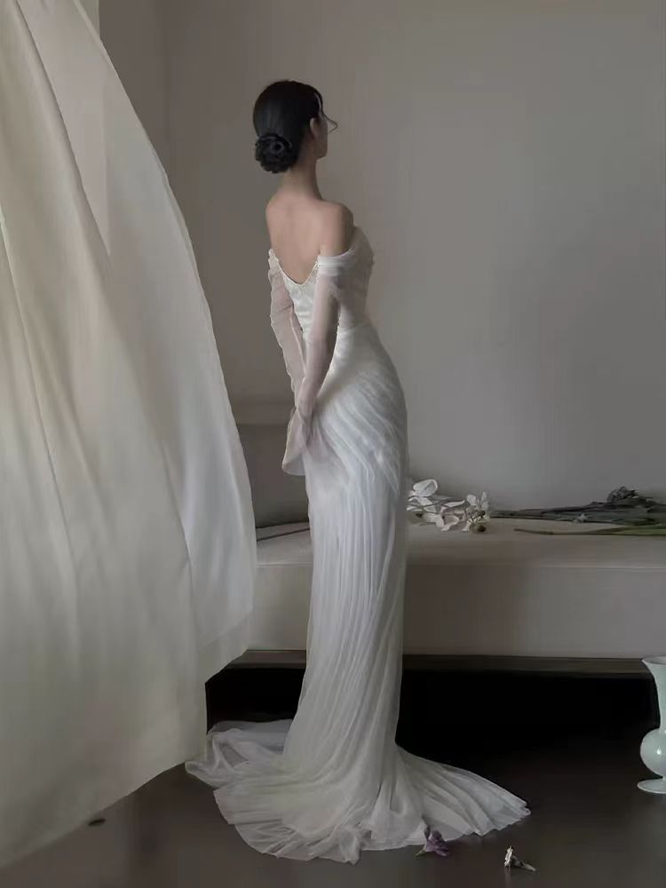 Sheath Strapless Pleated Chiffon White formal dresses Bridesmaid Dresses evening gown Prom Dress