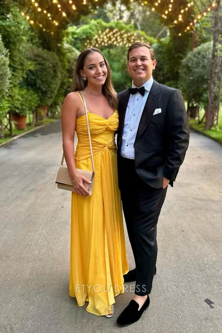 A Line Spaghetti Straps Yellow Long formal dresses Bridesmaid Dresses evening gown Prom Dress