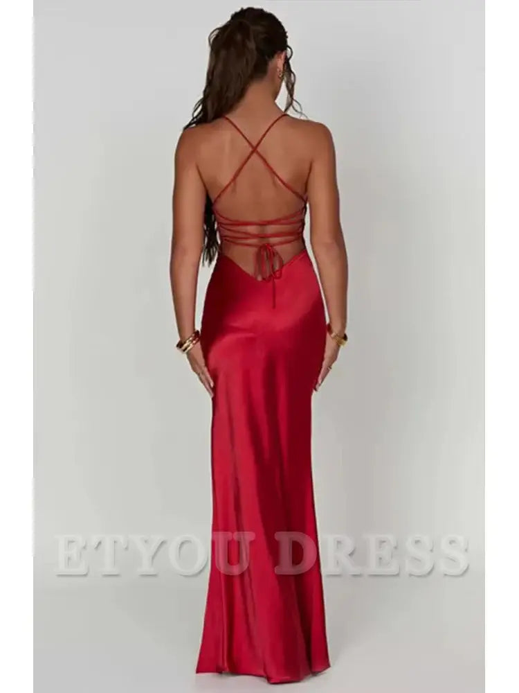 Elegant Spaghetti Strap Backless Lace-Up Split Satin formal dresses Bridesmaid Dresses evening gown Prom Dress