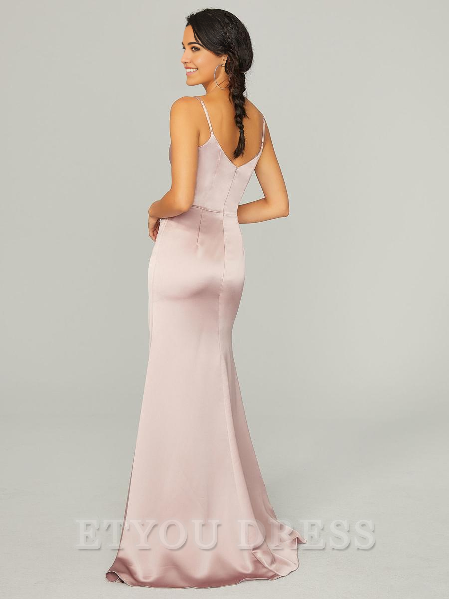 Sheath Spaghetti Straps V-Neck Floor-Length Zipper Satin formal dresses Bridesmaid Dresses evening gown Prom Dress