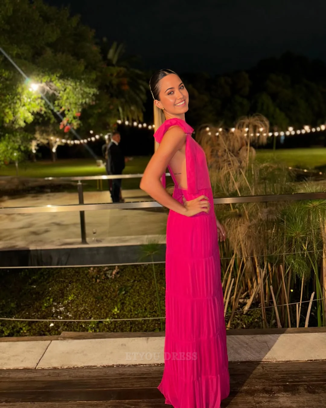 A Line Deep V Backless Hot Pink Long formal dresses Bridesmaid Dresses evening gown Prom Dress