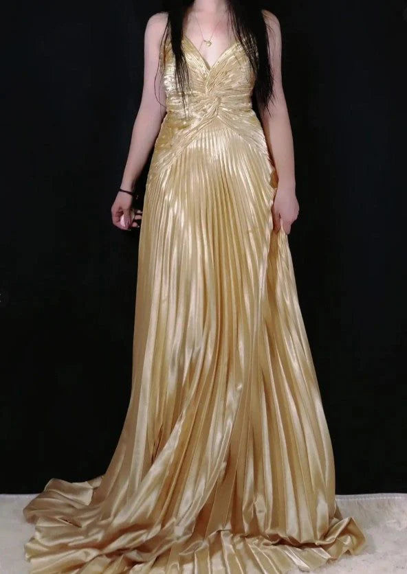 A Line V Neck Spaghetti Straps Satin Gold Pleated Long Evening formal dresses Bridesmaid Dresses evening gown Prom Dress