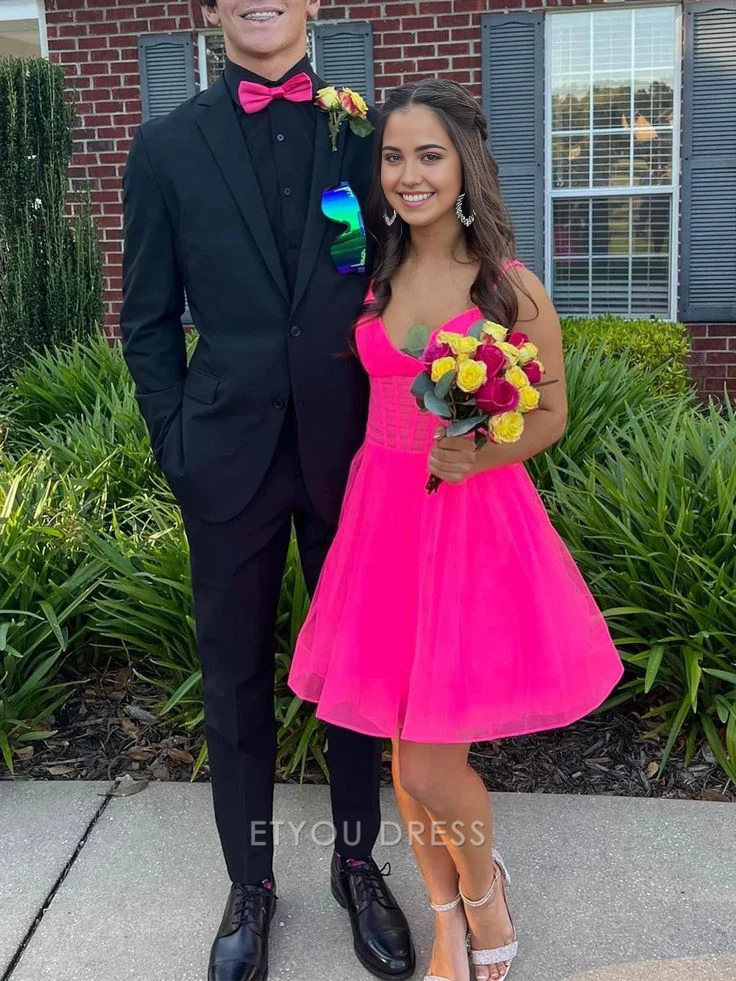 A-line V Neck Short Hot Pink Homecoming Dresses formal dresses Bridesmaid Dresses evening gown Prom Dress